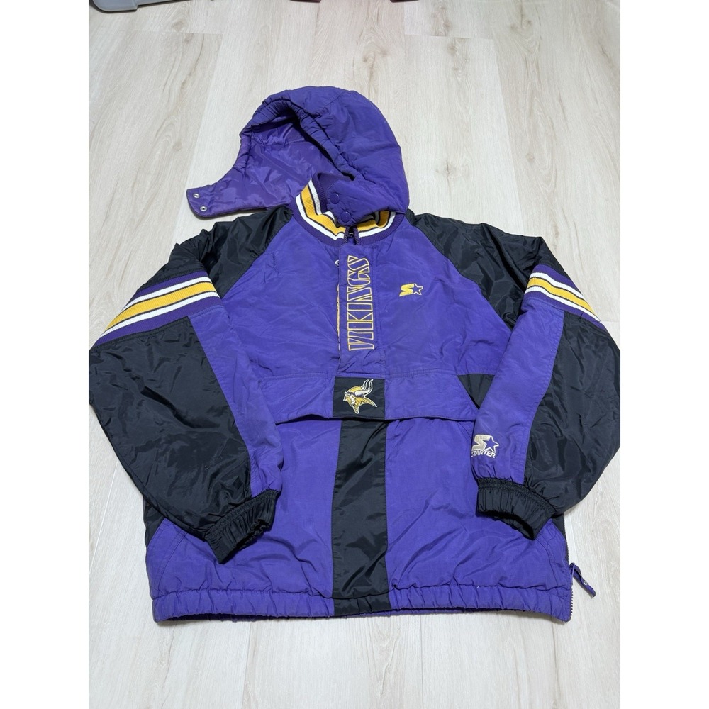 Vintage 90s Minnesota Vikings NFL Starter Pro Line Hooded Puffer Jacket Men's XL